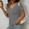 thumbnail image 5 of Uaswgudfs Womens Summer Tops Casual Short Sleeve Striped Color Block Ribbed Knit Button Down V Neck Shirts Slim Fitted Henley Tops, 5 of 8