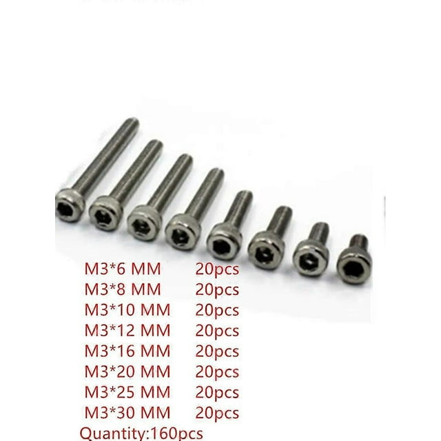 160pc M3 Stainless Steel Screws Allen Hex Socket Head Screw Bolt Fastener M3*6mm/8mm/10mm/12mm/16mm/20mm/25mm/30mm
