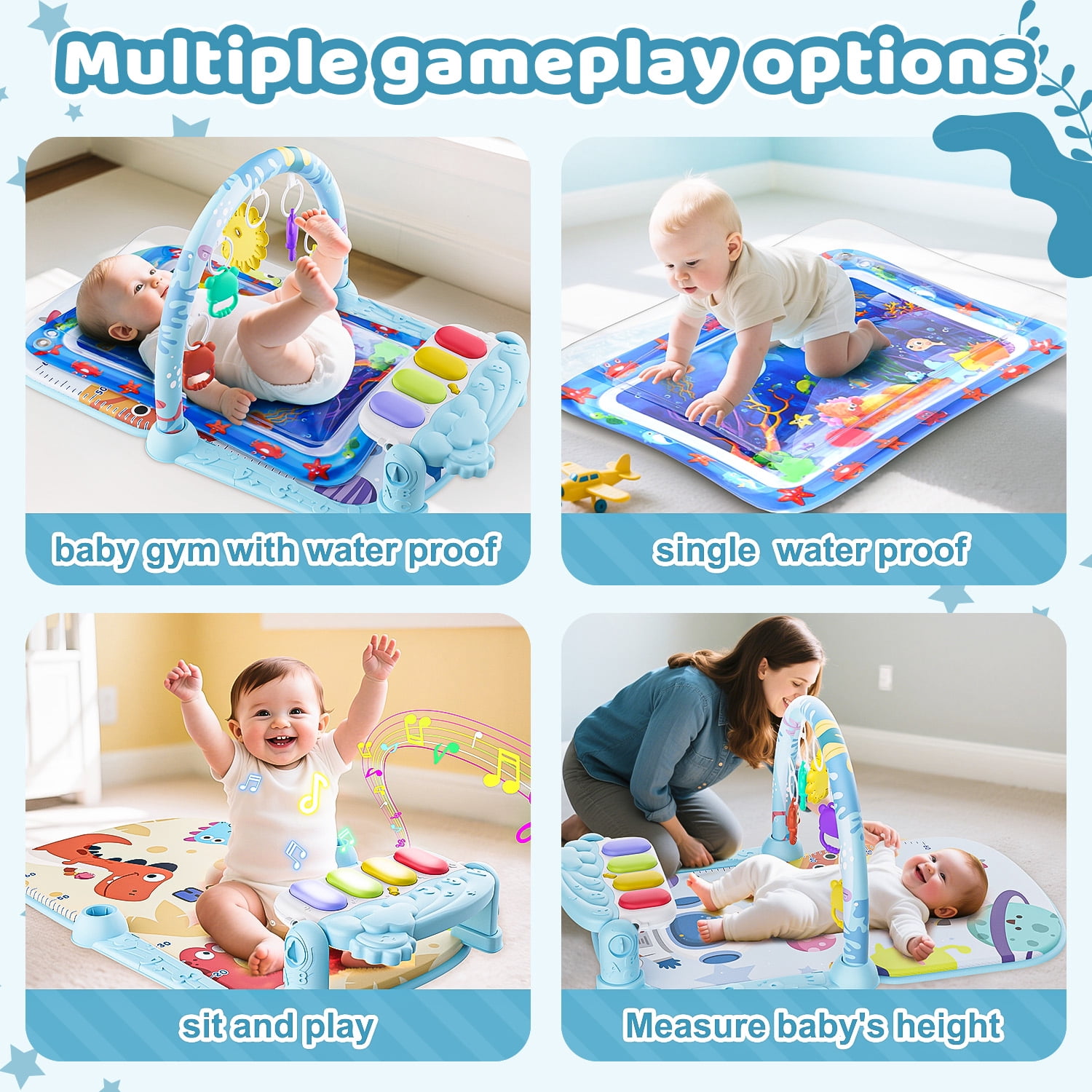 WonderStone Baby Gym Playmat for Infant,Tummy Time Water Mat with 5 Infant Sensory Baby Toys & Musical Piano Activity for 0-36 Months Boys Girls，Blue