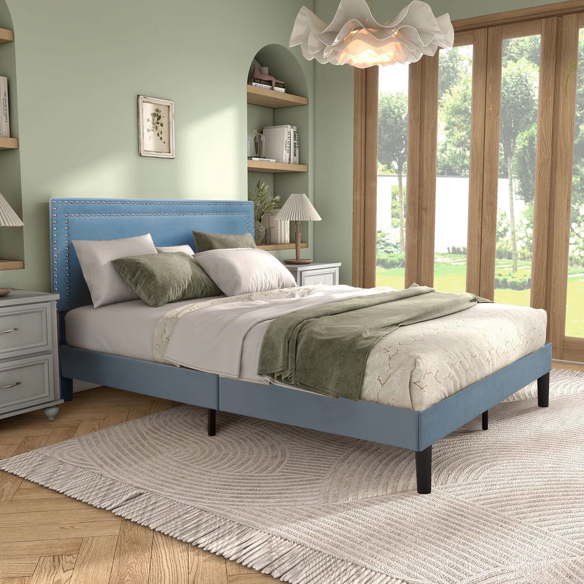 VECELO Queen Size Platform Bed Frame, Modern Upholstered Bed Frame with Adjustable Height & Nailhead Trim Headboard, No Box Spring Needed, Easy Assembly, Light Blue