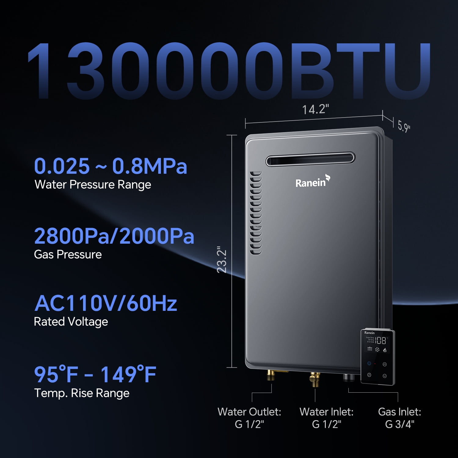 Ranein Outdoor Tankless Water Heater, Propane Gas, 5.3 GPM, 130,000 BTU, Instant Hot Water System for Whole House & Shower