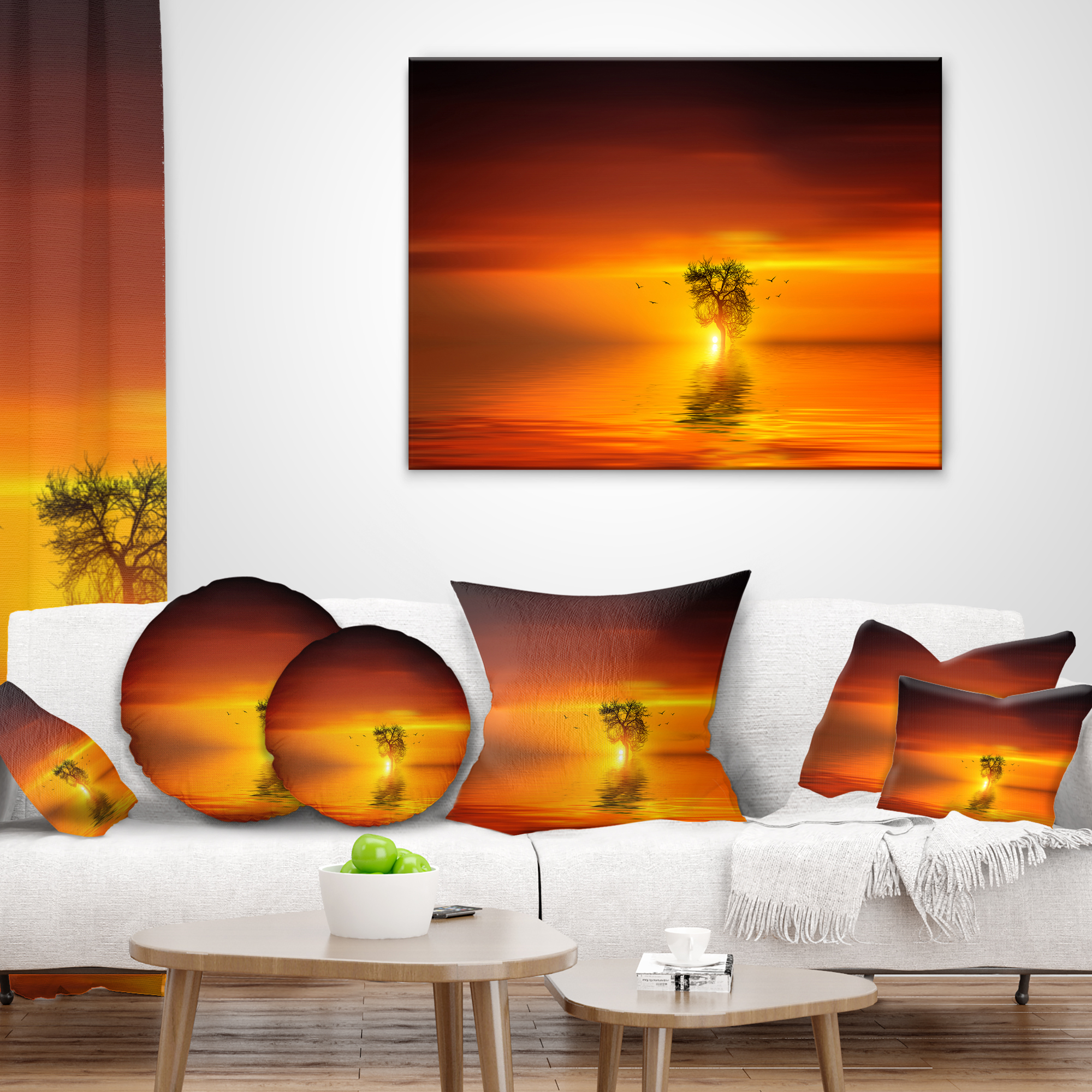 Designart Wonderful Tree with Birds at Sunset - Landscape Printed Throw Pillow - 16x16