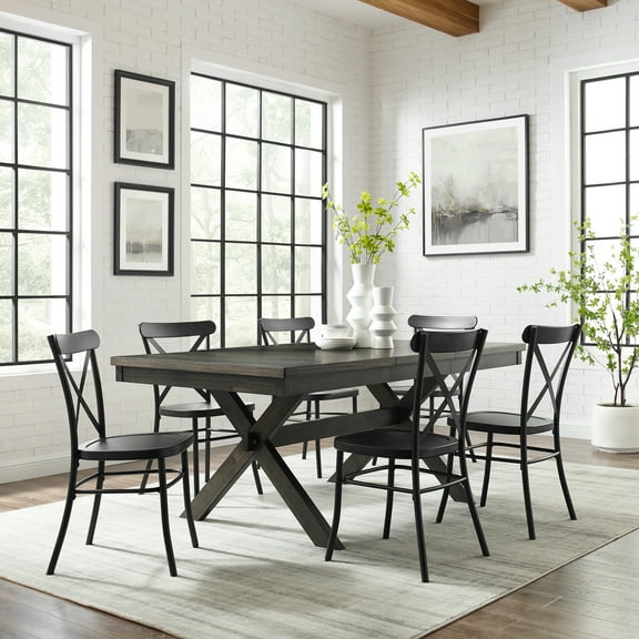 Dining Set for 6, Modern Farmhouse Table & Chairs - Matte Black & Slate