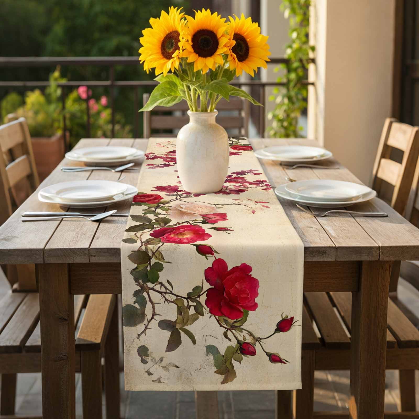 Spring Red Rose Table Runner 13x90 inch Country Watercolor Red Floral Green Leaf Linen Cotton Linen Dining Table Runner Ideal for Dresser Kitchen Coffee Tables - Machine Washable