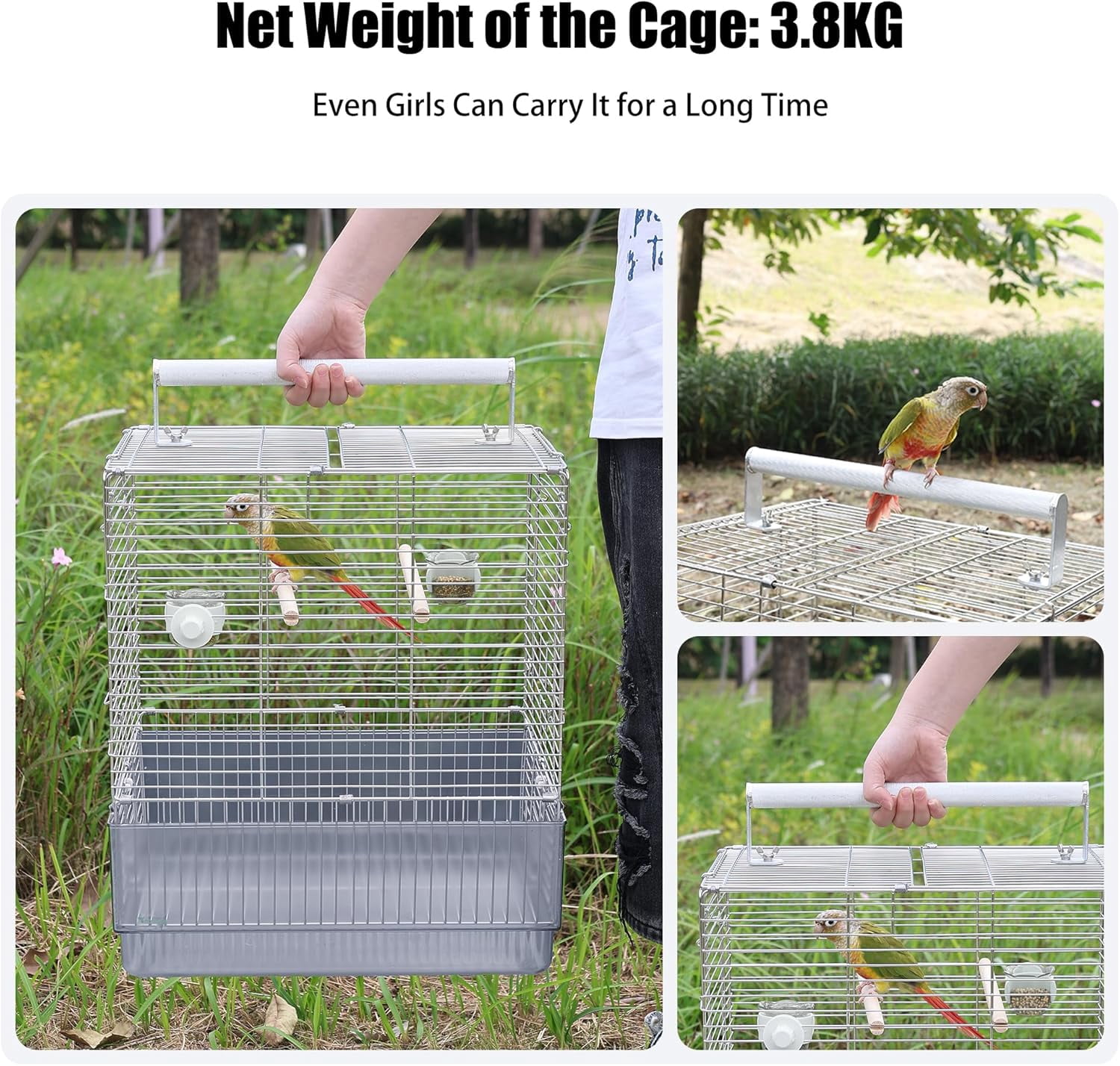 Stainless Steel Travel Bird Cage, 304 Portable Foldable Carrier for Parrots, Conures, Cockatiels, Parakeets – 17 Inch Large Birdcage with Aluminum Handle & Perch(Blue, Large Birdcage)