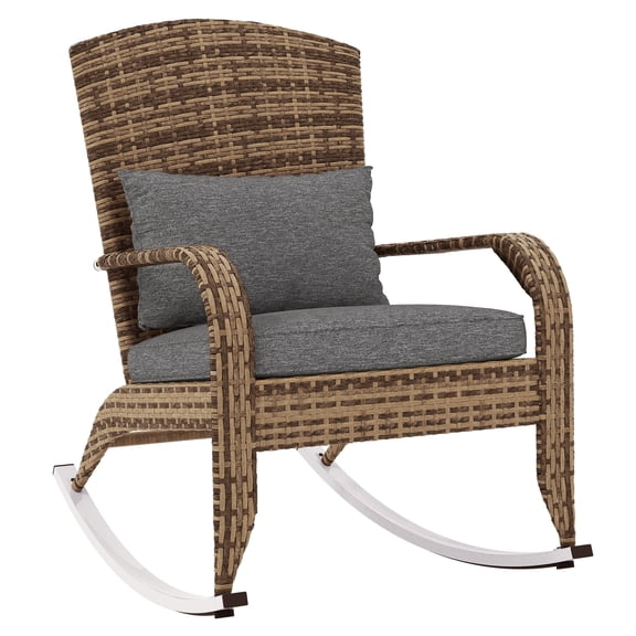 Adirondack Chair, Outdoor Wicker Rocking Chair with High Back, Seat Cushion, and Pillow for Porch, Balcony, Gray