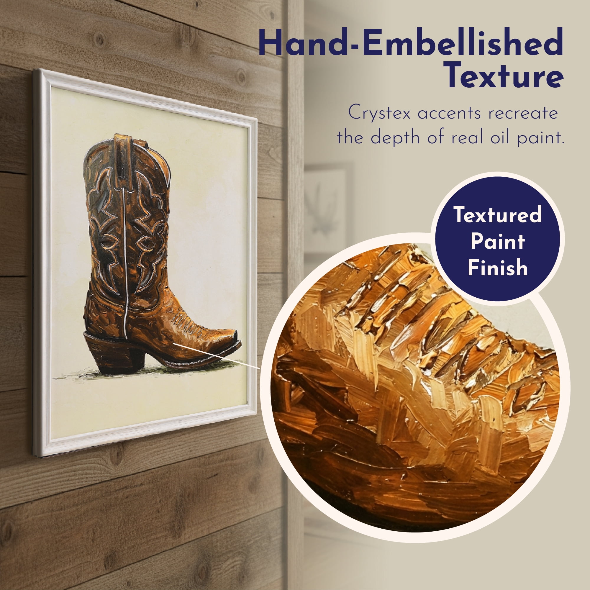 Crystal Art Gallery 15x19 Texas Cowboy Boot Embellished Wall Art Decor, Distressed White Framed Rustic Farmhouse Americana Western Home Wall Decor