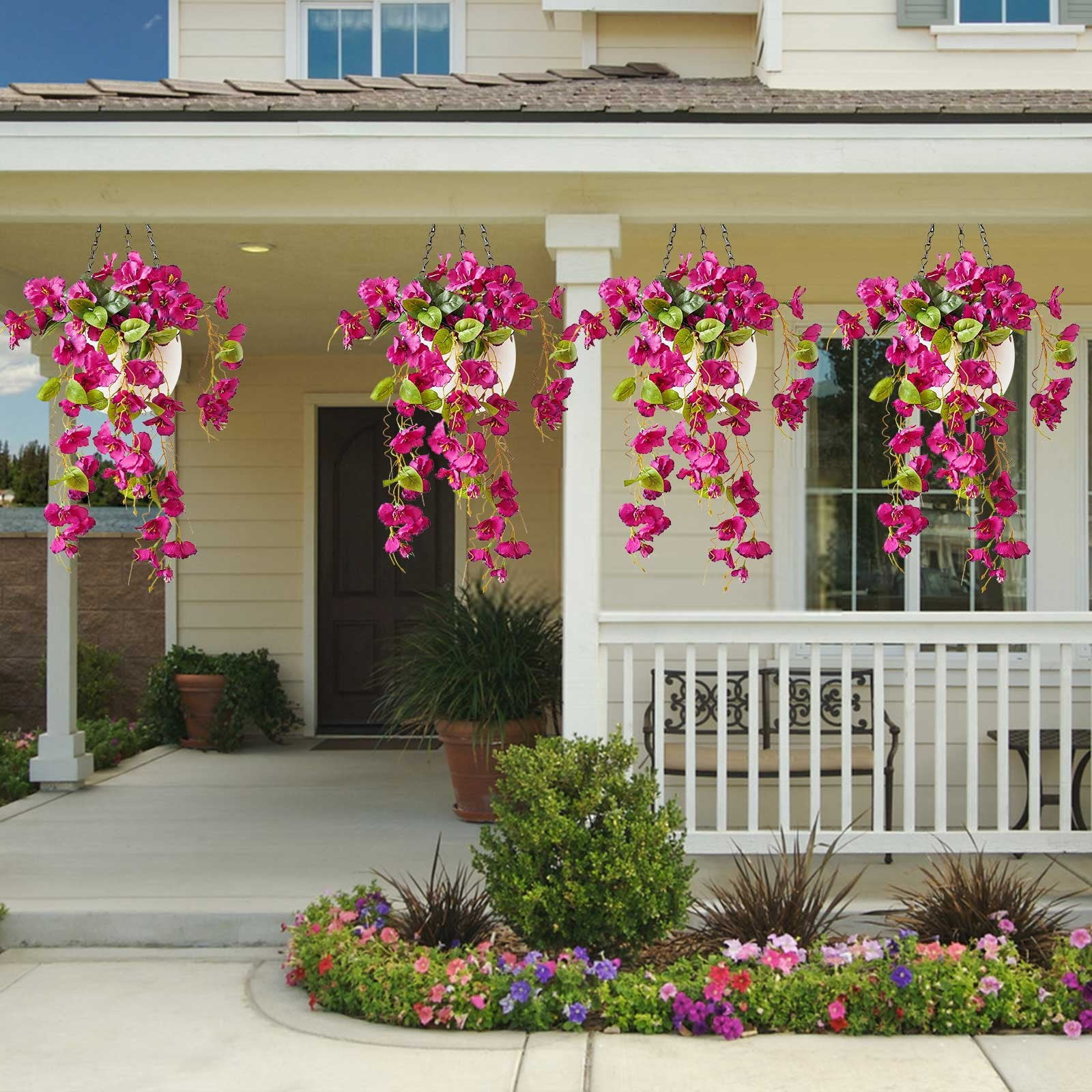 2pcs Artificial Fake Hanging Hibiscus Flowers Plants Baskets for Outdoor Outside Spring Summer Decoration, Faux Silk Hibiscus Long Vines in Planter UV Resistant Realistic Flowers