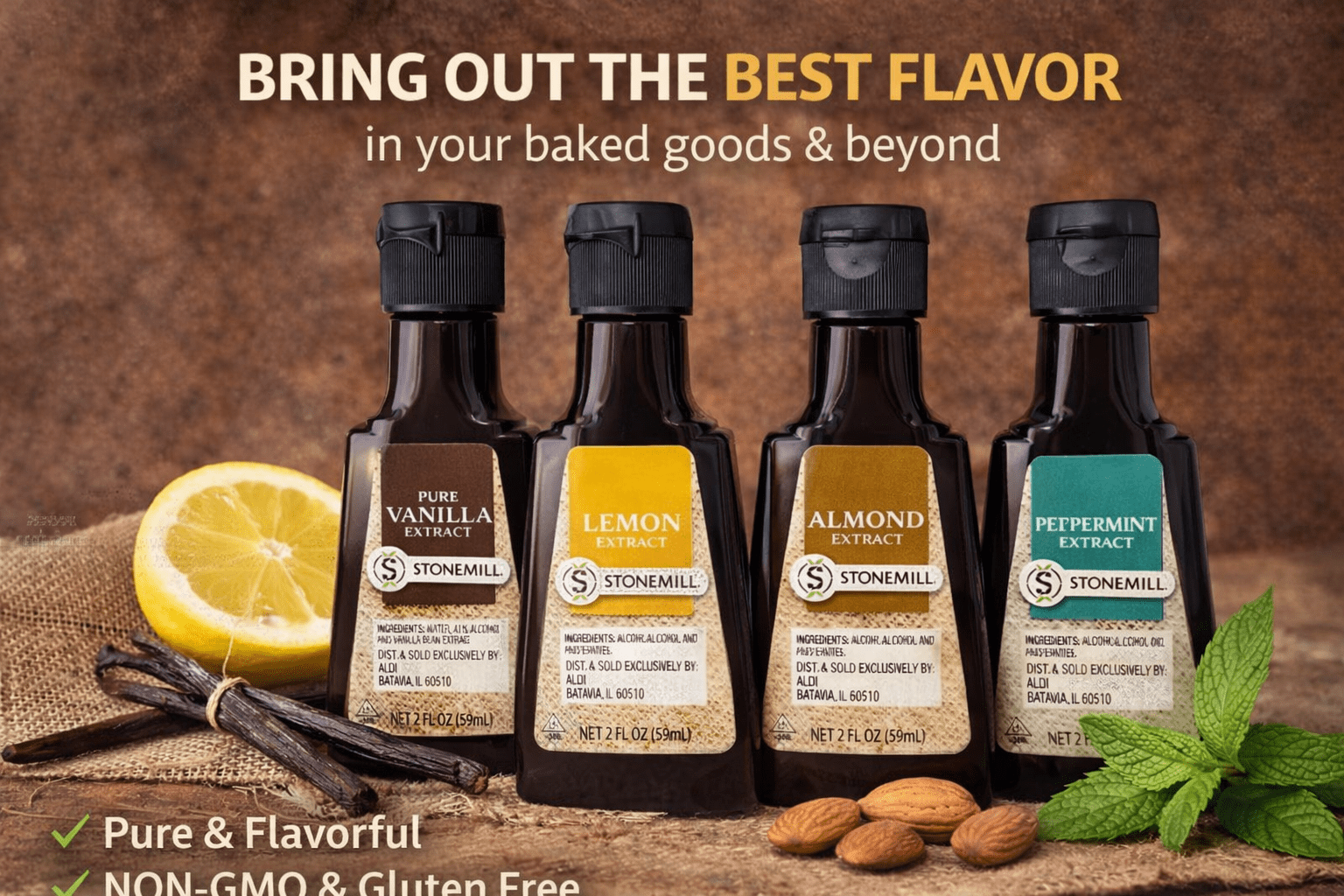 Stonemill Extract Lemon, Almond, Peppermint & Pure Vanilla 2fl oz 59ml (4 Bottles)