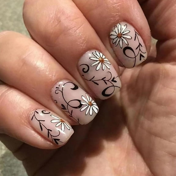 Spring Floral Nails Nude Pink Press on Nails Short Square Fake Nails with Daisy Designs Glossy Full Cover Glue on Nails Flower False Nails for Women Girls 24 Pcs Cute Nails Style 34 0.04 Fl Oz
