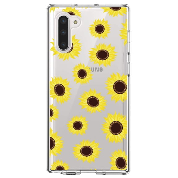 DistinctInk Clear Shockproof Hybrid Case for Samsung Galaxy Note 10 (6.3" Screen) - TPU Bumper, Acrylic Back, Tempered Glass Screen Protector - Yellow Sunflowers