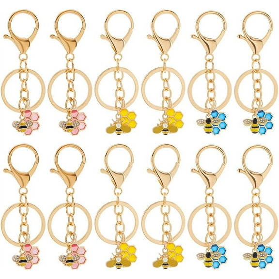 1box 12 pcs Bee Honeycomb Keychains Alloy Enamel Pendants Keychains Alloy Split Keychain Accessories for Car bag Purse Wallet Phone Decoration Graduation Gift