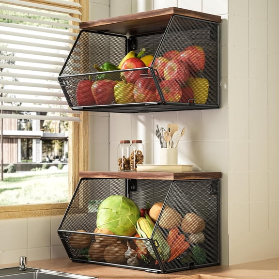 Stackable Fruit Basket for Kitchen Countertop Space Saving, Wall Mounted Mesh Metal Wire Baskets with Wood Lid Extra Storage, 2 Pack Kitchen Counter Organizer for Snack, Onion and Potato Storage