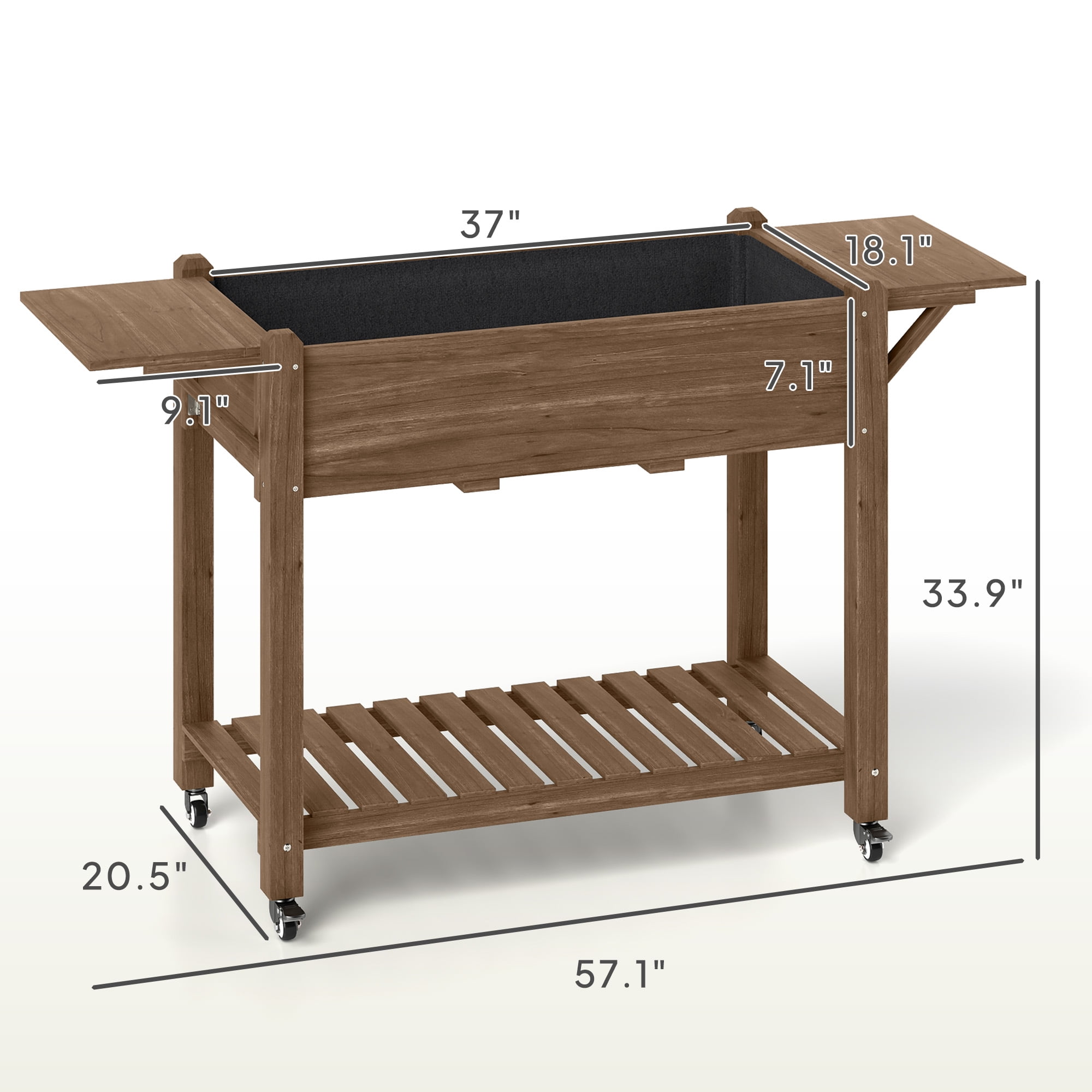 Outsunny Raised Garden Bed, Wood Elevated Planter Box with Lockable Wheels, Side Tables, Bottom Shelf, Bed Liner and Drainage Holes, Carbonized