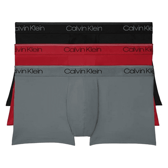 Men’s Calvin Klein 3-Pack Microfiber Stretch Low-Rise Trunks Color: Black Convoy Red Gala Size: XXL
