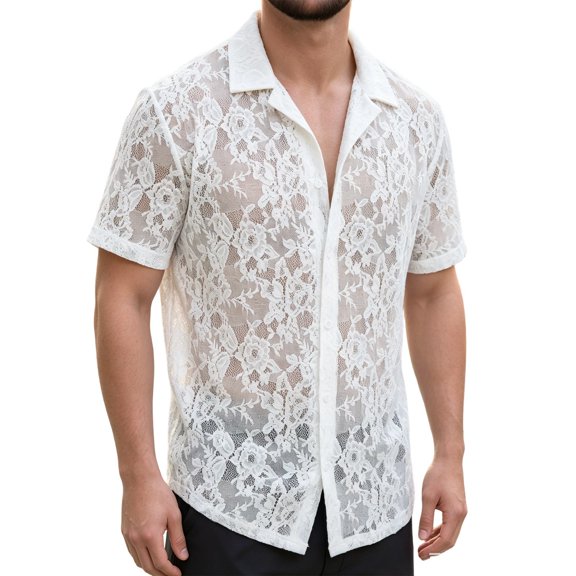 RUTAYY Men's Shirts Solid Color Button Down Short Sleeve Knitted Hollow Out Casual Turndown Collar Tops Comfortable Breathable Beach Holiday Blouse