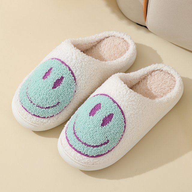 Lindas pantuflas de algodón con cara sonriente para otoño e invierno, pantuflas de felpa antideslizantes para interiores y exteriores para mujer, para otoño e invierno