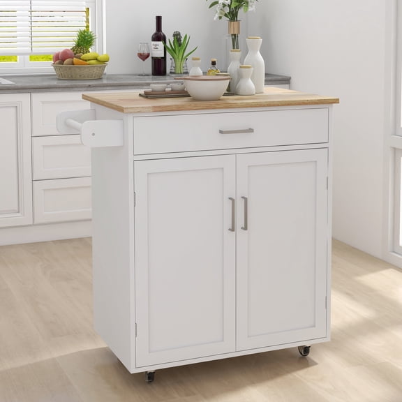 Mintazer Rolling Kitchen Island Cart with Drawer & Adjustable Shelves, Mobile Kitchen Storage Cabinet with 2 Door Cabinet & Towel Rack for Kitchen, White