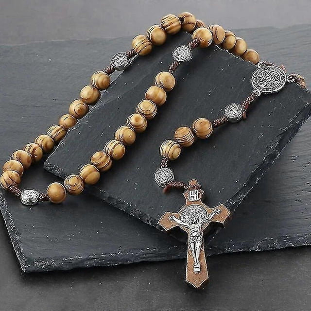 Religious Wooden Antique Cross Rosary Pendant Necklaces Jesus Saint Benedict Beaded Necklace For Men Women Jewelry Gifts Collar