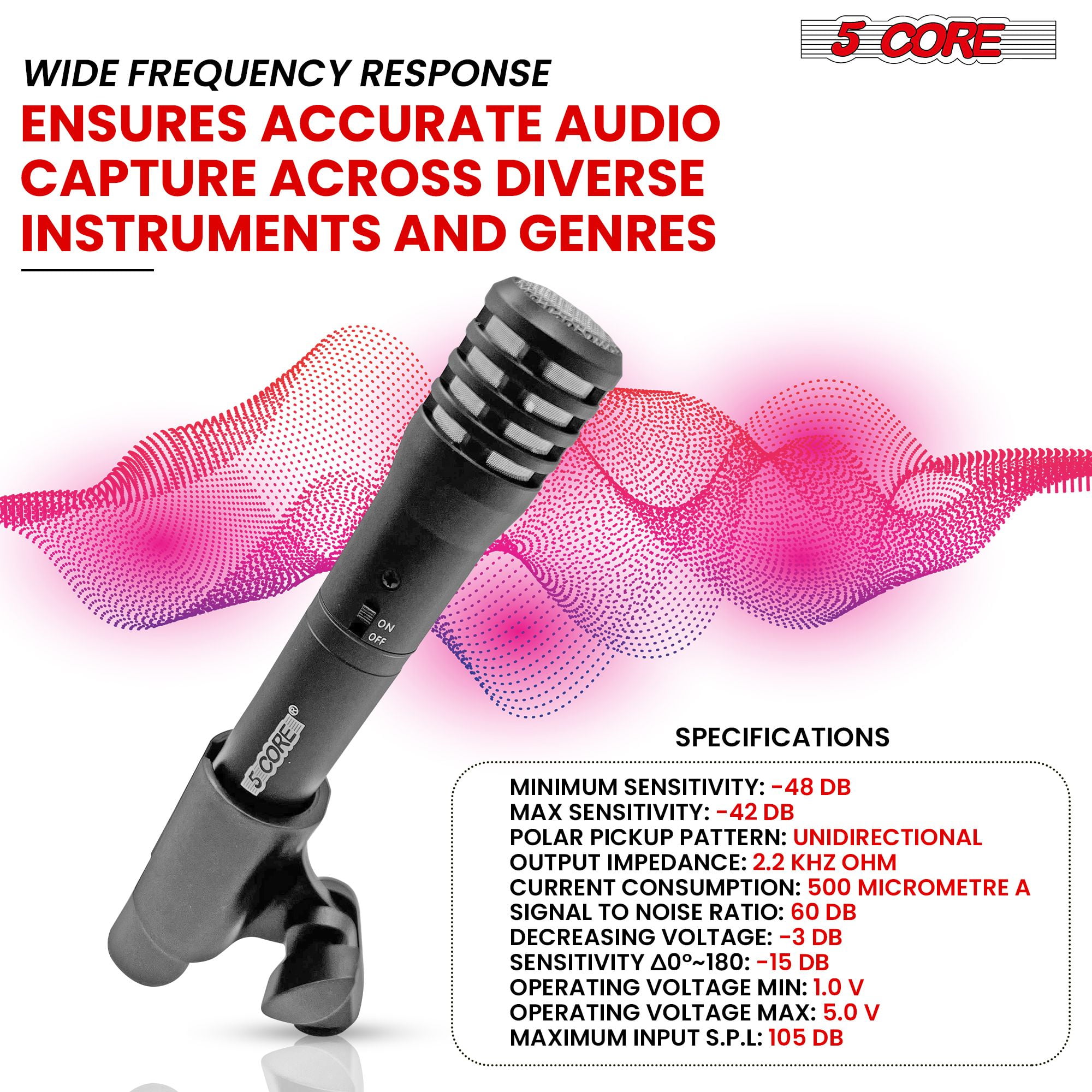 Professional Instrument Microphone Pencil Mic Condenser Cardioid Unidirectional Stick Microfono with Windscreen Mic Clip & Case - INSTRU MIC 100 Black