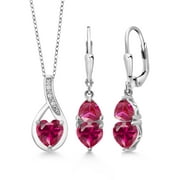 Gem Stone King 925 Sterling Silver Red Created Ruby Pendant Earrings Set For Women (4.18 Cttw, Gemstone July Birthstone, with 18 inch Chain)