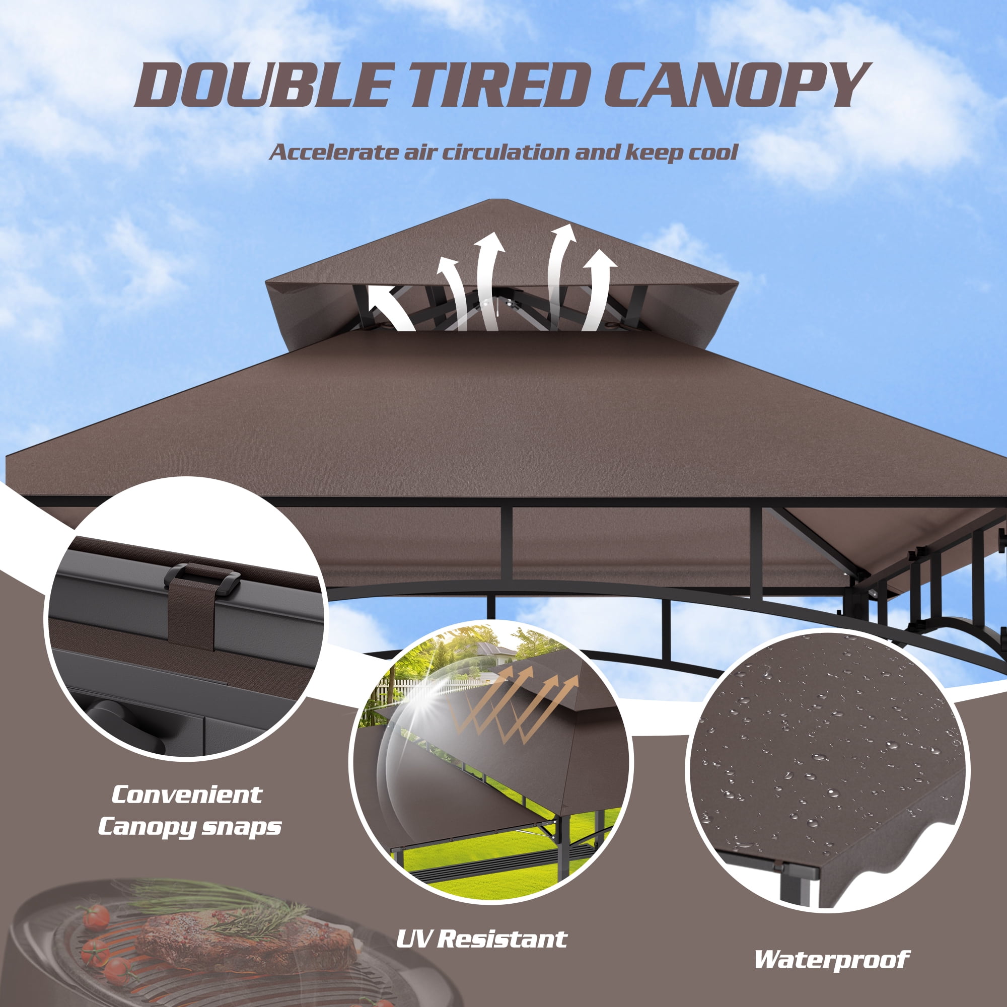 Magic Union 8'X8' Grill Gazebo Canopy - Heavy Duty Steel Frame, Double Tiered Grill Canopy for Outdoor Grill W/Shelves, Ceiling Hooks and Ground Stakes, Patio Canopy Tent BBQ Gazebo for Backyard