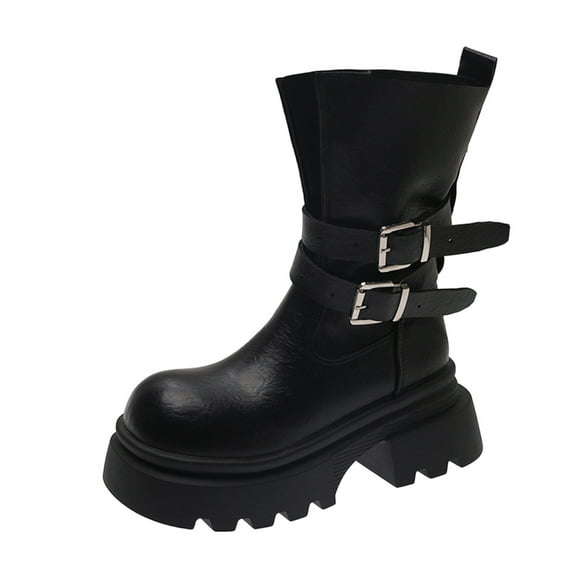 Black Women Relaxed Thick Sole Belt Buckle Ankle Boots For Fall And Winter Season With Chunky Heel Comfortable Fit And Leisure Style