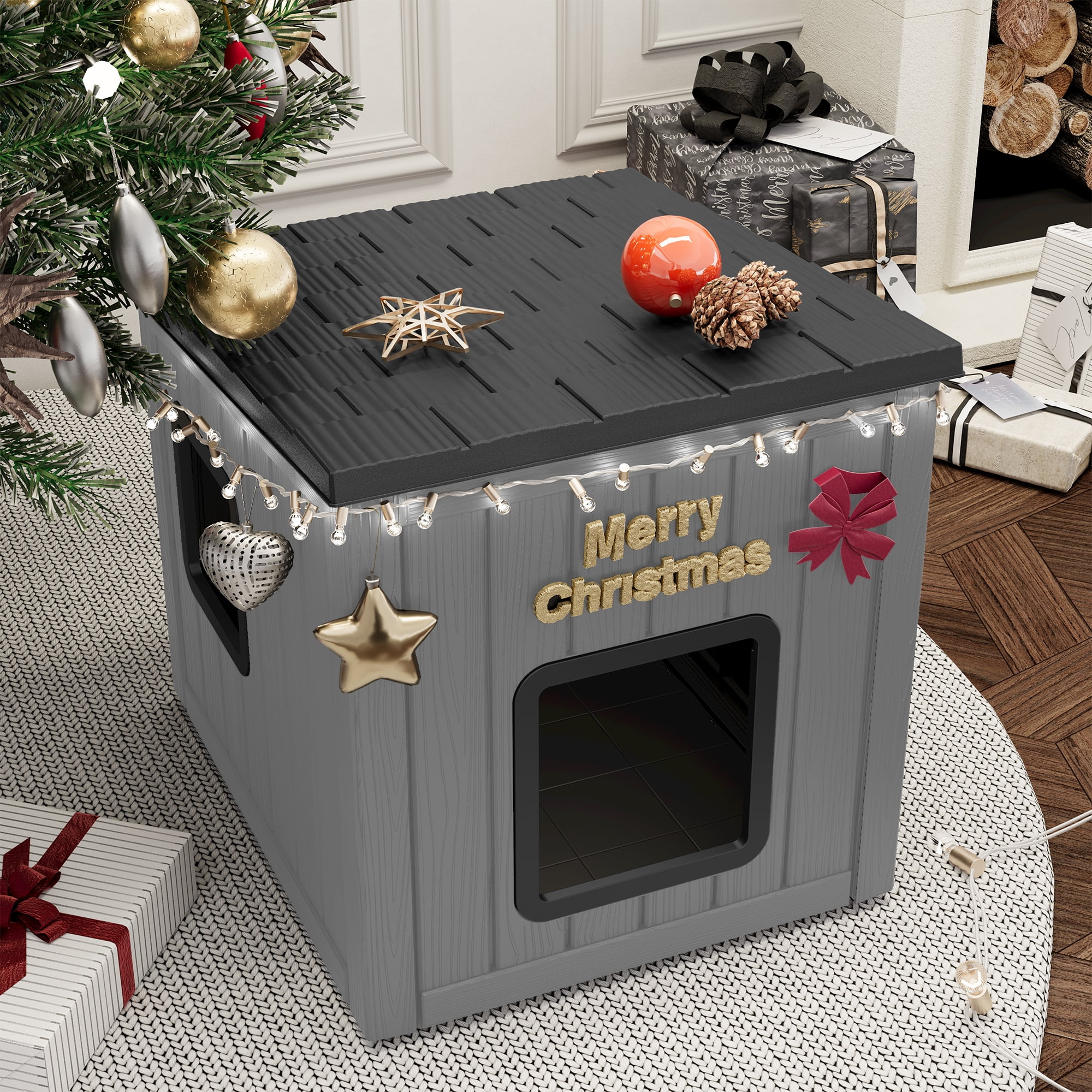 LHBcraft Outdoor Cat House,Durable Insulated PP Shelter for Feral Kittens,Weatherproof Shelter for Garden,Gray & Black