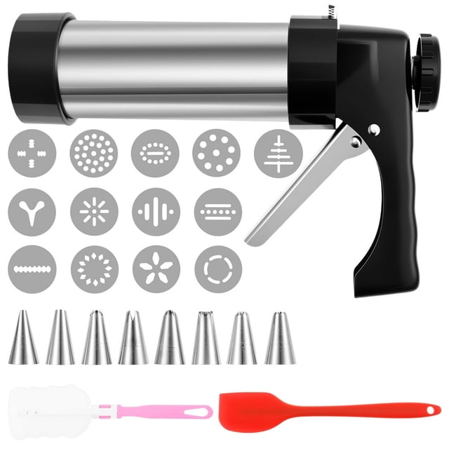 HLONK Churro Maker Machine Stainless Steel Cookie Press Kit Complete Cookie Maker Machine with 8 Piping Tips 13 Discs Scraper Sponge Brush Practical Cookie Press Kit for Decorating Cakes