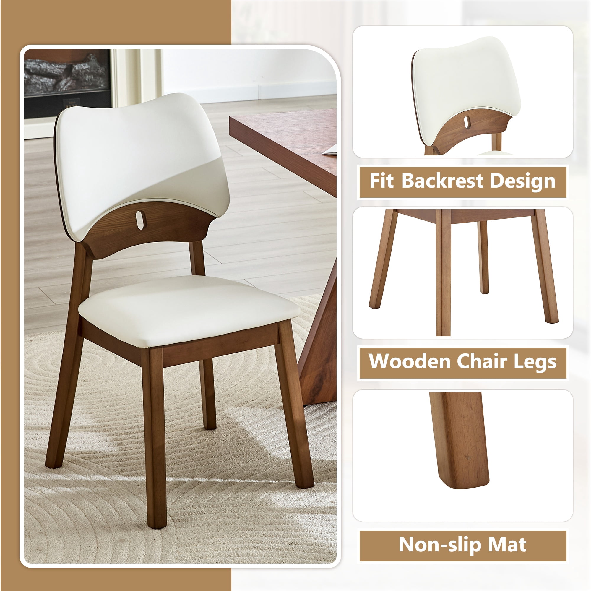 Aukfa Mid-Century Modern Dining Chairs Set of 2, Upholstered Accent Chairs with Solid Wood Legs & Curved Backrest, Walnut/Gray