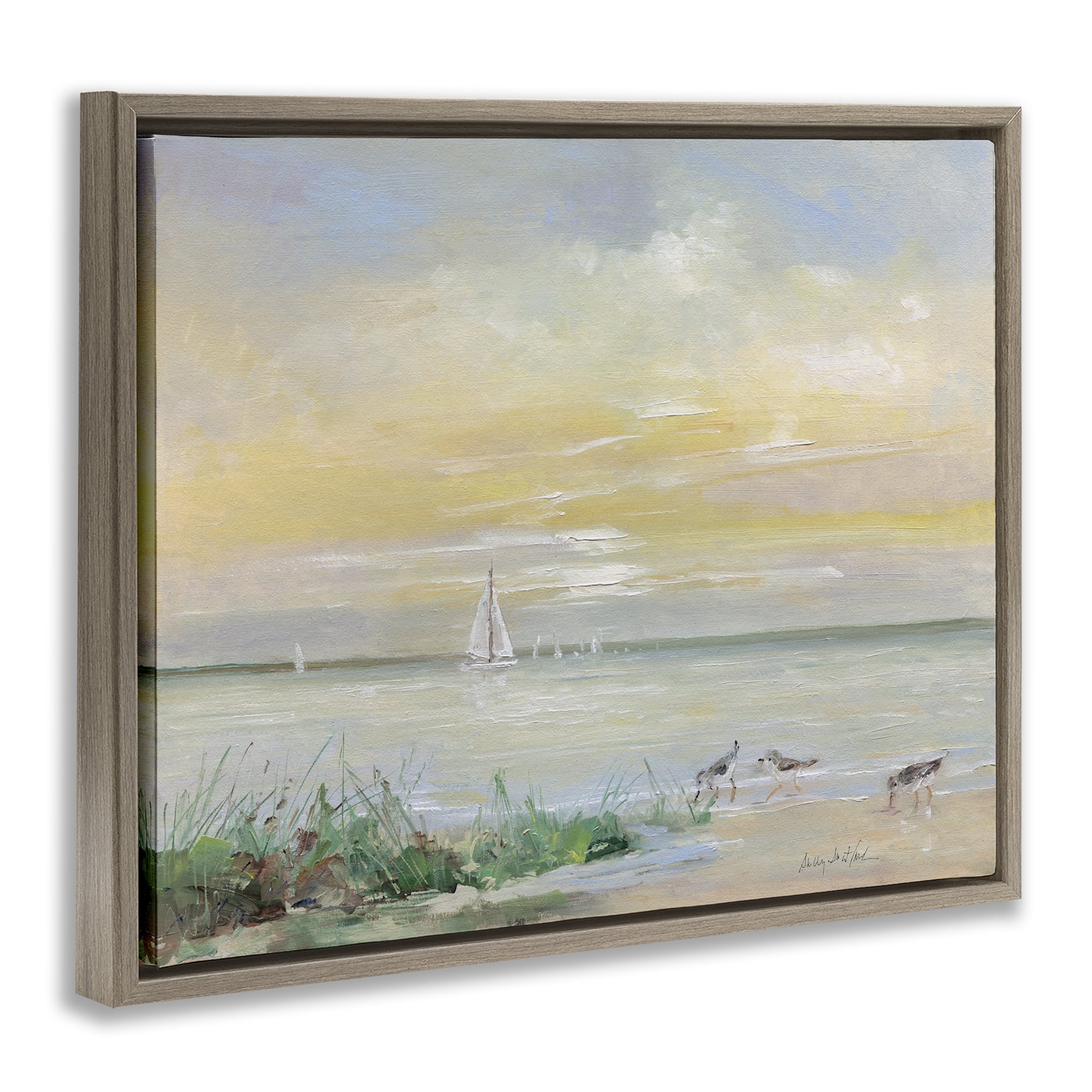Stupell Industries Sailboats & Sanderlings Shore Brown Framed Floater Canvas Wall Art, design by Sally Swatland