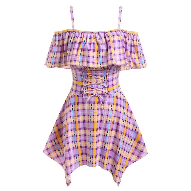 Talla grande Hombro frío con volantes a cuadros Tanki Partyini Rosegal Camisetas tallas grandes
