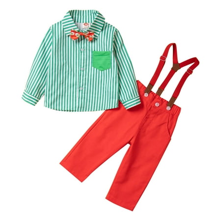 

Qufokar Newborn 2Pcs Shorts Outfit Boys Pants Baby Unisex Cotton Autumn Striped Long Sleeve Pants Shirt Suspender Trousers Set Clothes