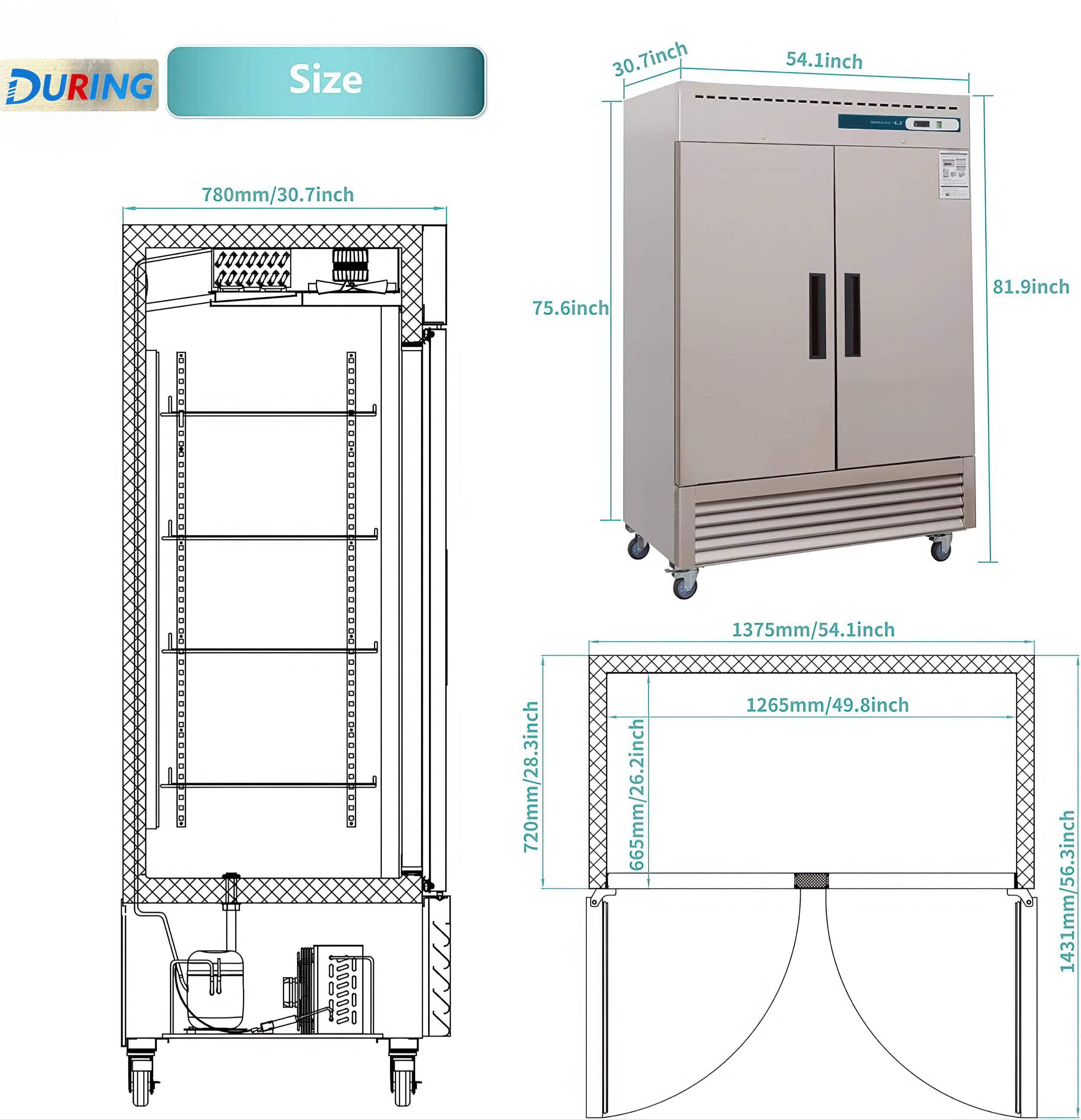 DURING D-KF-54B 54"W 2-Door Solid Commercial Reach-in Freezer, 49 Cu.ft for Restaurant, Bar, Shop