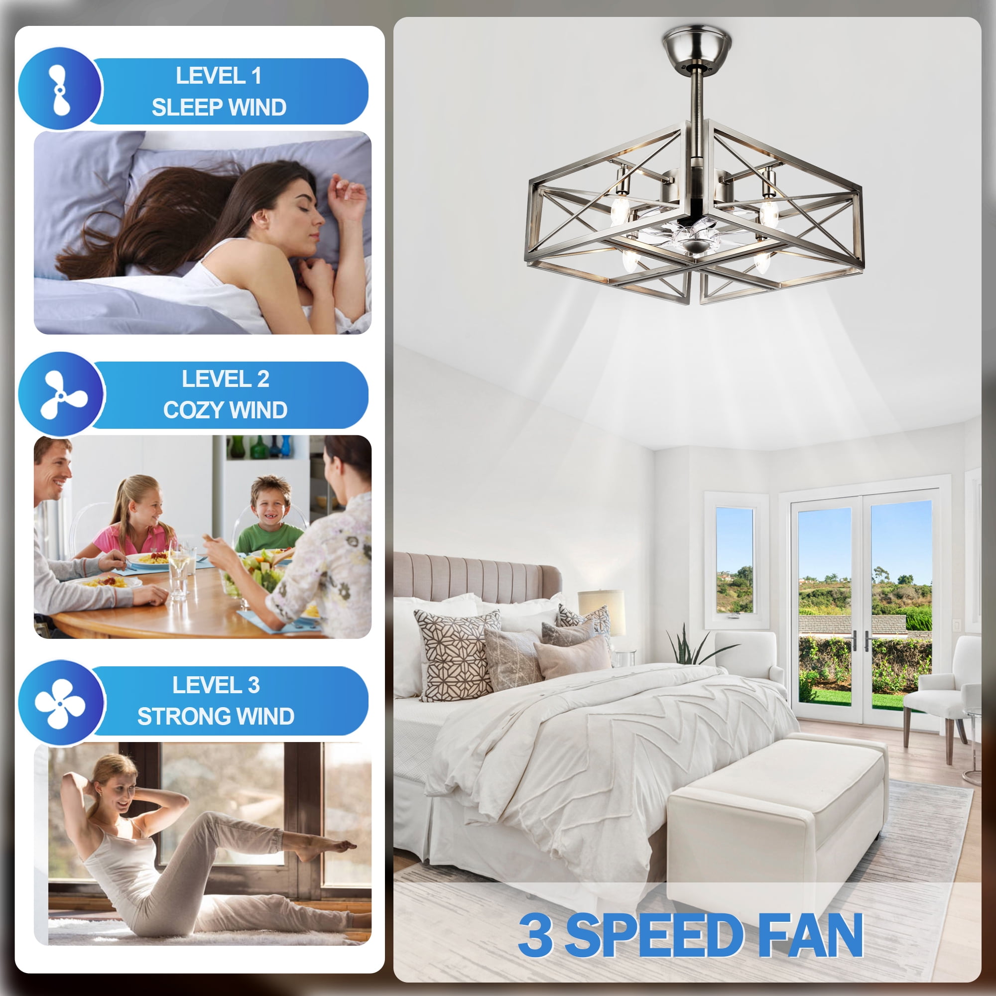 Cusp Barn 20'' Brushed Nickel Ceiling Fan with Lights, Modern Caged Chandelier Flush Mount Ceiling Fan for Bedroom Kitchen