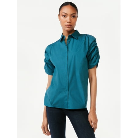 Scoop Women's Oversized Button-Up Shirt with Ruched Short Sleeves