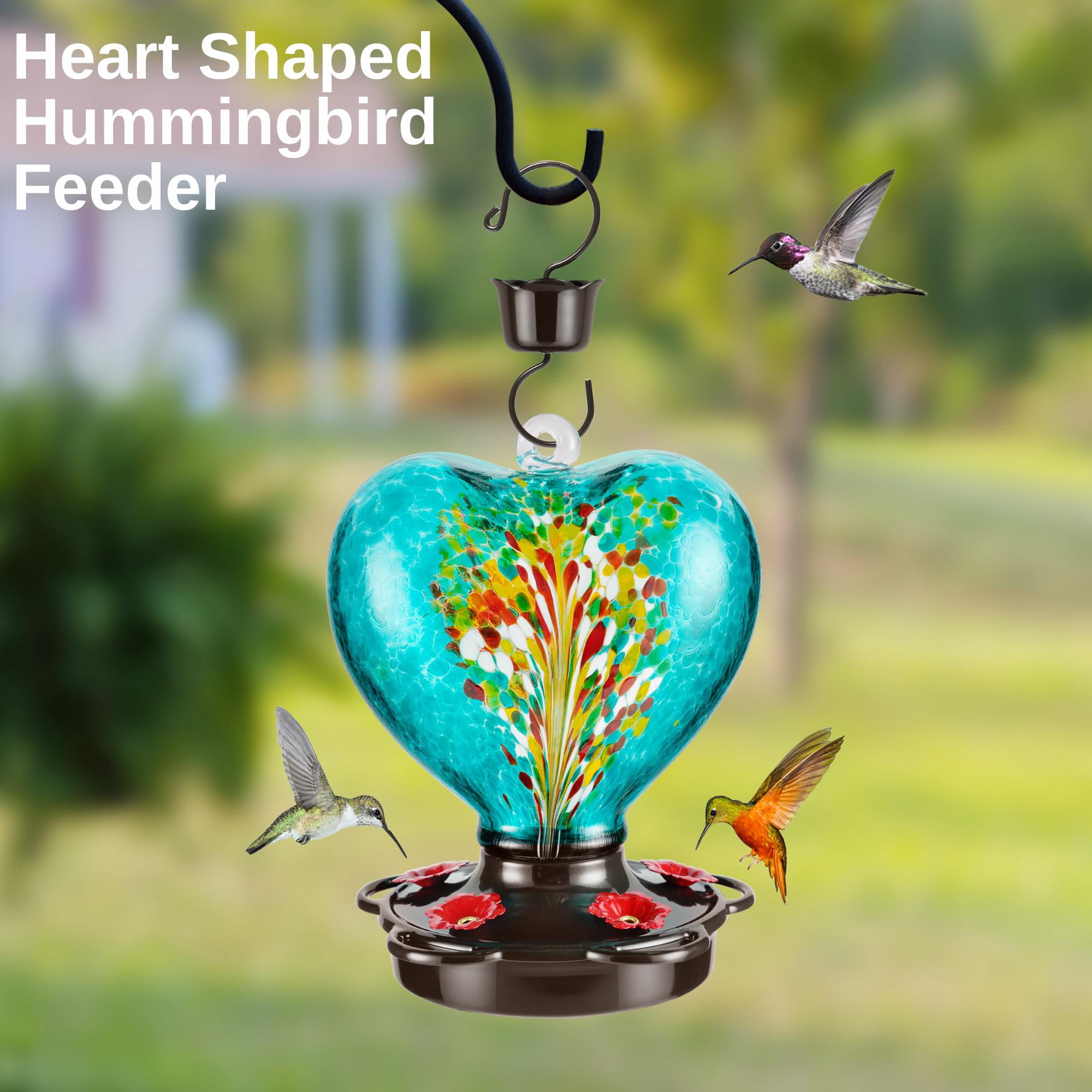 Heart Shaped Hummingbird Feeder for Outdoors Hanging, Hand Blown Glass, 28 fl.oz, Leak Proof & Rustproof, Includes Ant Moat, Stylish Garden, Outside & Backyard Decor, Gift for Bird Lovers, Purple