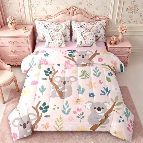 Manfei Cartoon Koala 7-Piece Twin Bedding,Floral Animal Bedding Comforter Set,Reversible