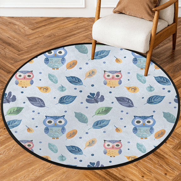 CURLYOOT Round Rug 3ft Cute Owl Area Rug, Washable Circle Mat Non Slip Floor Carpet Mat, Soft Indoor Rugs for Entryway Living Room Dining Room Bedroom