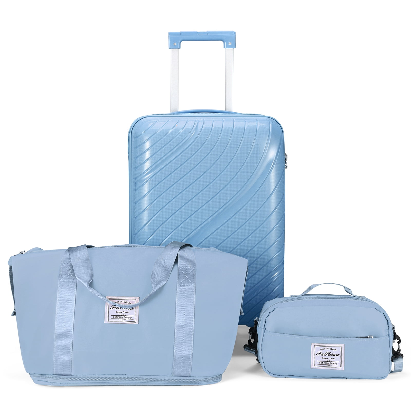 Zimtown 3 Piece Carry-on Luggage Sets, PP Hardside Suitcase Set with Spinner Wheels, Portable Travel Bag and Toiletry Bag, Blue