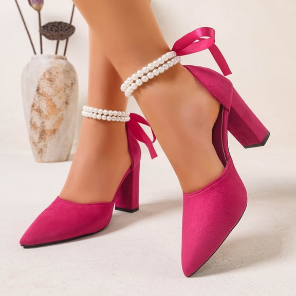 Xucatan Women's Pointed Toe Heels, Pearl Ankle Strap Satin Bow Pumps, Detachable Dress Shoes with Hollow Detail, Versatile Spring Evening Party Footwear Gift