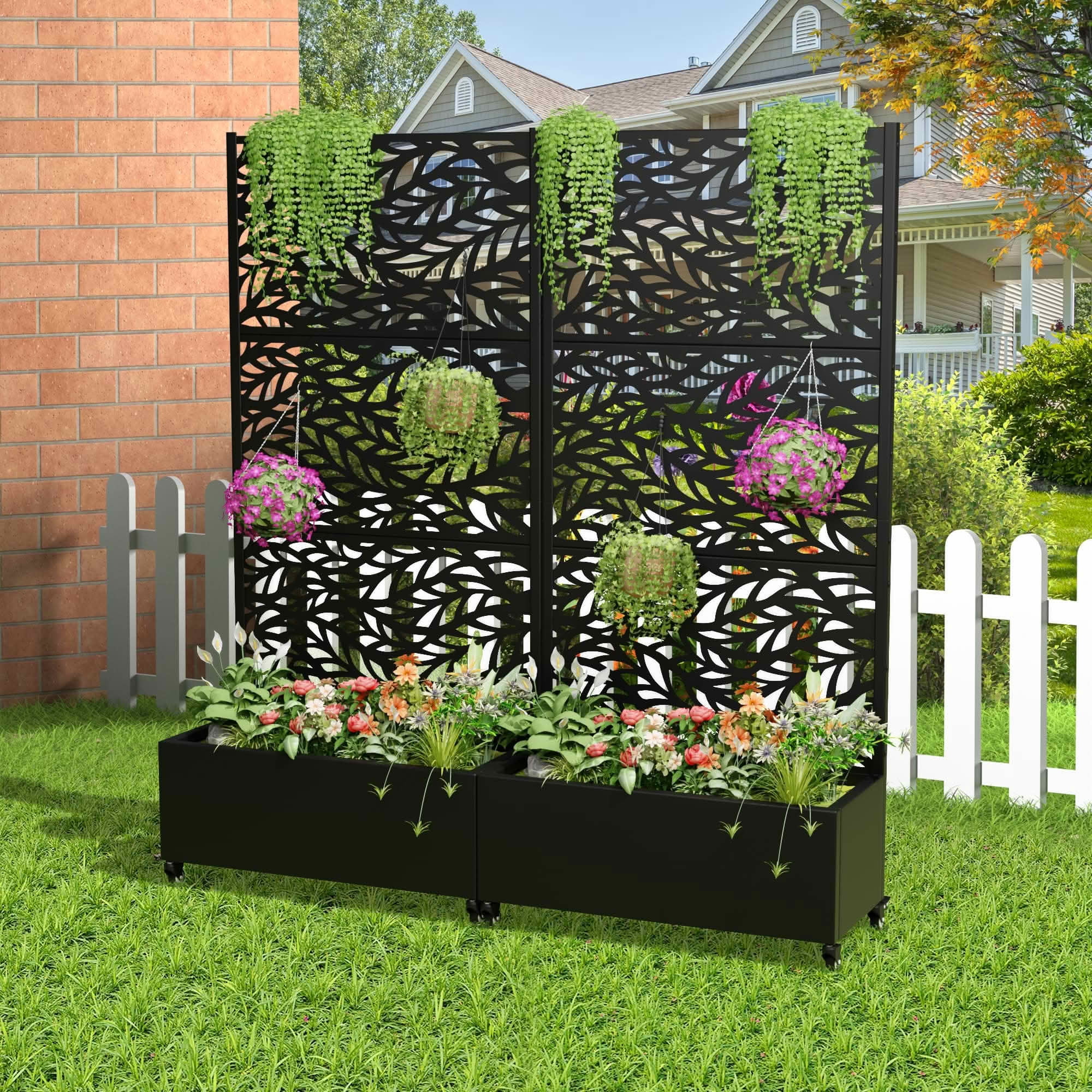 MAYEERTY 72x35x16 Inch Black Metal Rectangular Planter Box with Trellis, 3 Piece Set for Outdoor Garden & Patio