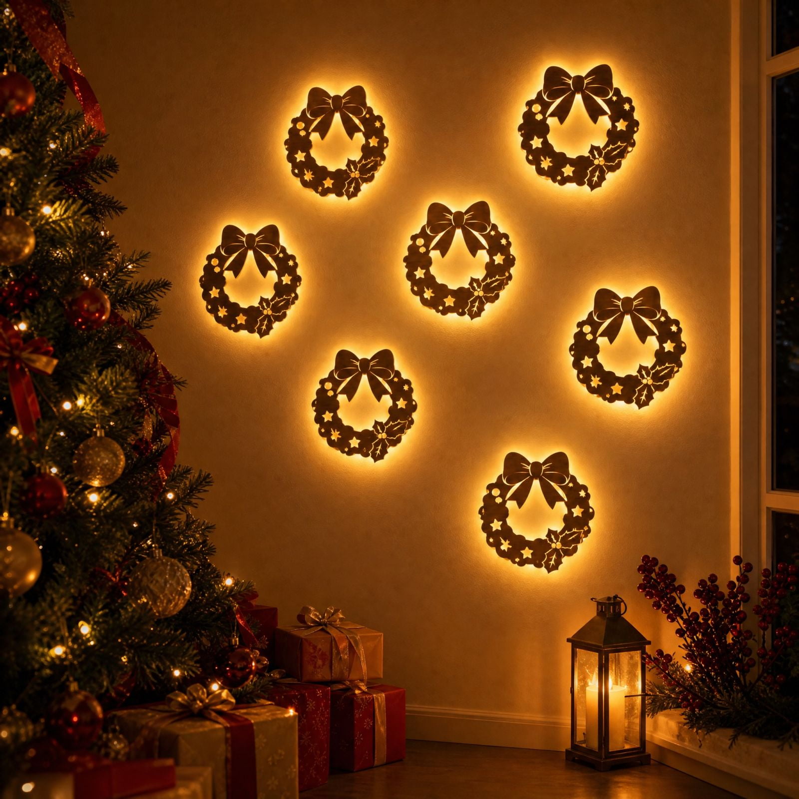 Wooden Christmas Wall Decor LED Backlit Christmas Wreath Wall Art Peel And Stick Wooden Ornaments For Fireplace Entryway Christmas Decor(7 Pcs#3)