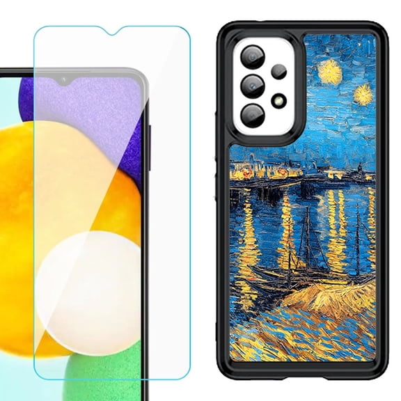 Shockproof Bumper (Black Frame) phone Case for Samsung Galaxy A23 5G, with Tempered Glass Screen Protector, by OneToughShield ® - Starry Night Rhone