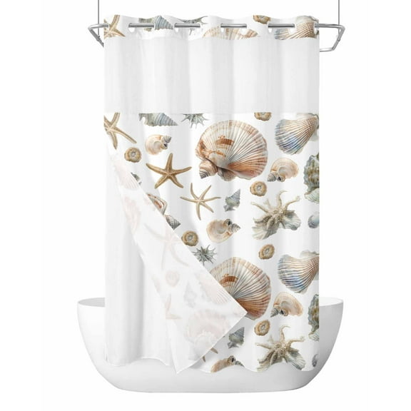 No Hook Cloth Fabric Shower Curtain with Snap in Liner, Seashell Coastal Waterproof Shower Curtains Set with See Through Top Window, Summer Beach Ocean Starfish Watercolor Bath Curtains 36"x78"