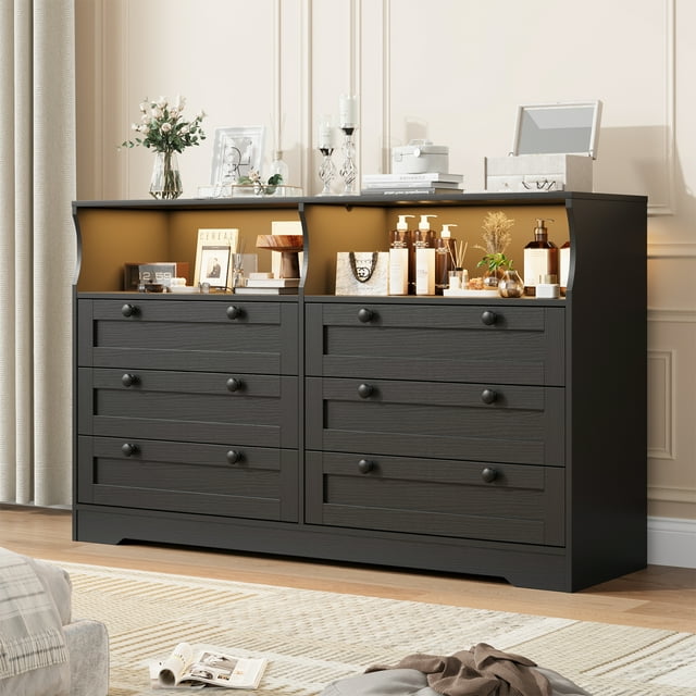Commode à 6 Tiroirs pour Chambre, avec Lumières DEL RVB et Prise de Courant, Commode de 55 Pouces de Large Meuble Télé pour Télé de 55 Pouces, pour Garde-Robe, Salon, Entrée