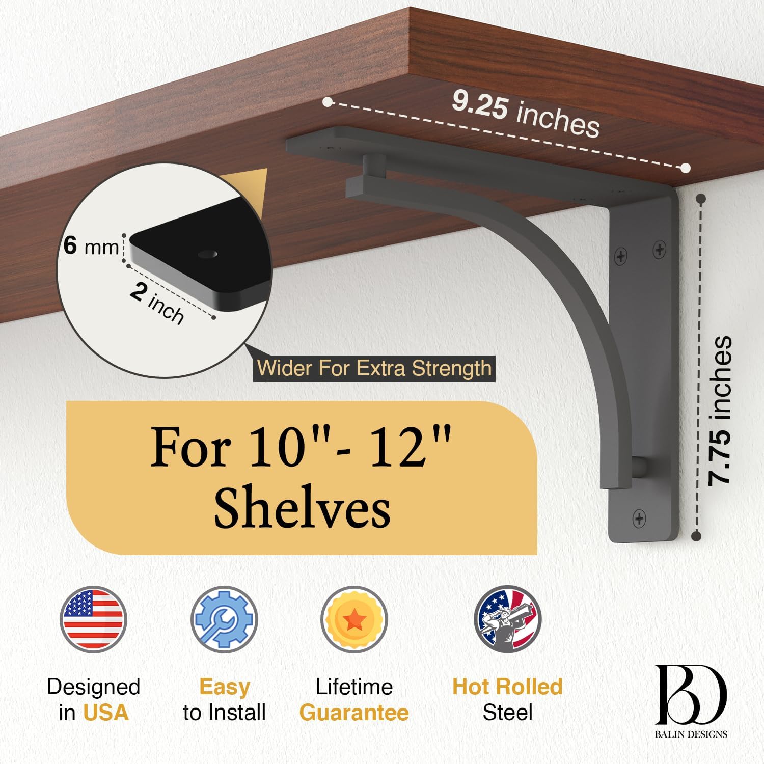 Classic Shelf Bracket Set by Balin Designs (Black) for 10"- 12" Fireplace Mantel Shelves L Brackets – Heavy Duty Decorative Metal Supports – Easy Installation with Hardware Included - Set of 2
