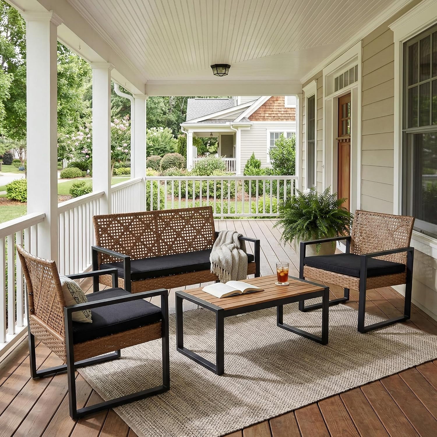 4-Piece Outdoor Patio Furniture Set, Acacia Wood Table Top, Light Brown Rattan with Black Cushions