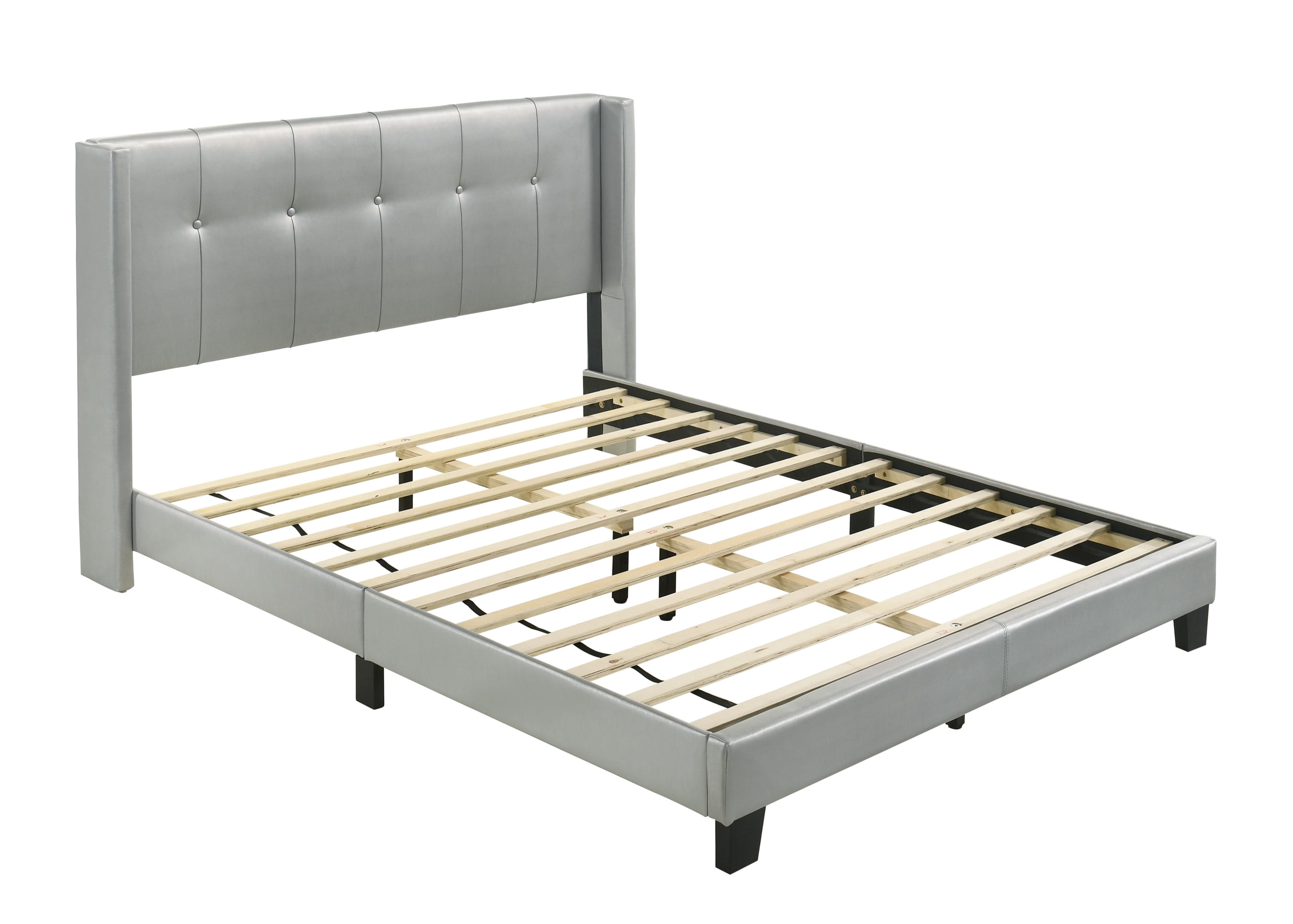 Home Design Evelyn Queen Upholstered Platform Bed Frame with Tufted Headboard and Wingback Design, Silver, Easy Assembly