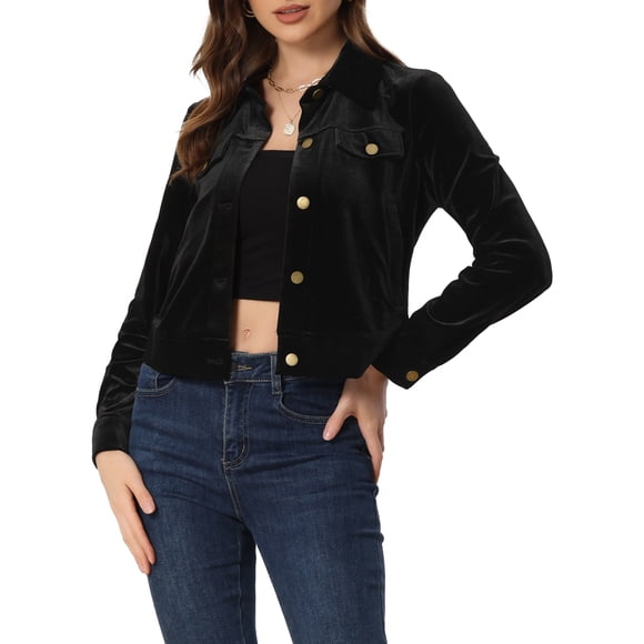INSPIRE CHIC Women's Velvet Jacket Faux Flap Pocket Long Sleeves Button Front Casual Jacket M Black